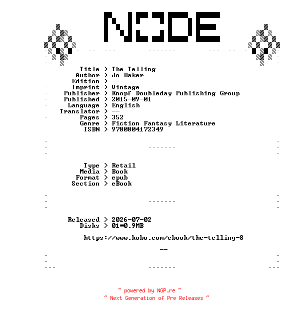 NFO for the release Jo.Baker.The.Telling.2015.RETAiL.EPUB.eBook-NODE by NODE