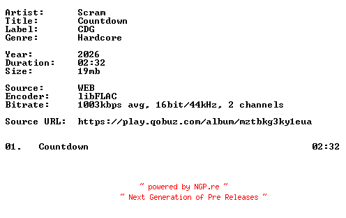 NFO for the release Scram-Countdown-Single-16BIT-WEB-FLAC-2026-VEXED by VEXED