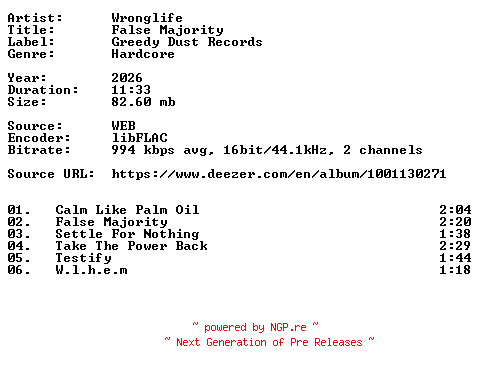 NFO for the release Wronglife-False_Majority-16BIT-WEB-FLAC-2026-VEXED by VEXED
