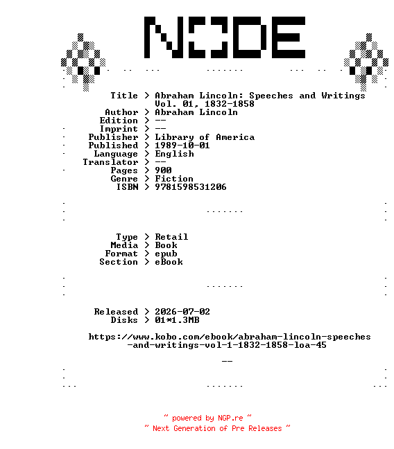 NFO for the release Library.of.America.Abraham.Lincoln.Speeches.and.Writings.Vol.01.1832-1858.1989.RETAiL.EPUB.eBook-NODE by NODE