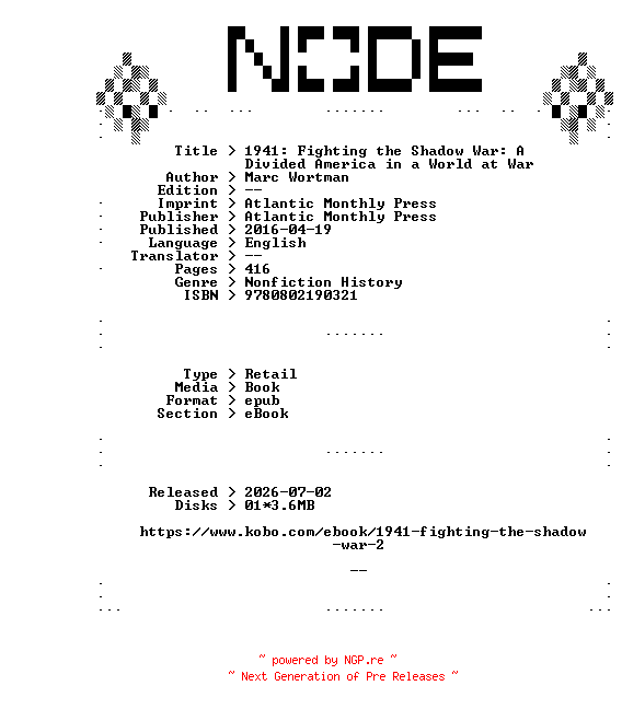 NFO for the release Marc.Wortman.1941.Fighting.the.Shadow.War.A.Divided.America.in.a.World.at.War.2016.RETAiL.EPUB.eBook-NODE by NODE