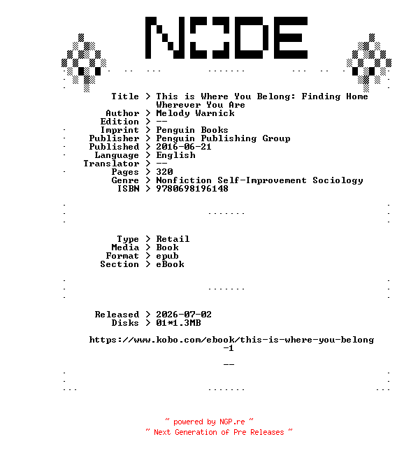 NFO for the release Melody.Warnick.This.is.Where.You.Belong.Finding.Home.Wherever.You.Are.2016.RETAiL.EPUB.eBook-NODE by NODE