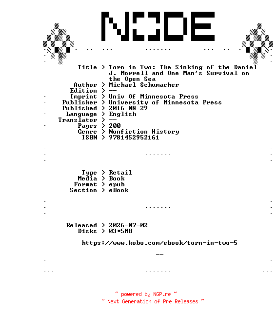 NFO for the release Michael.Schumacher.Torn.in.Two.The.Sinking.of.the.Daniel.J.Morrell.and.One.Mans.Survival.on.the.Open.Sea.2016.RETAiL.EPUB.eBook-NODE by NODE