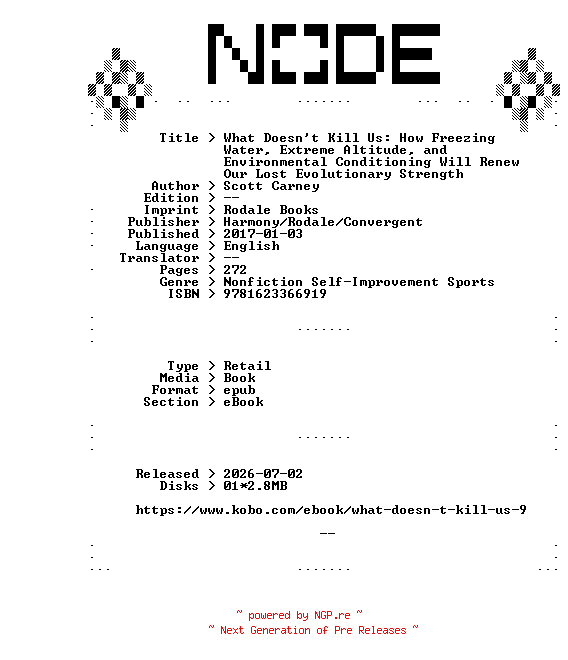 NFO for the release Scott.Carney.What.Doesnt.Kill.Us.How.Freezing.Water.Extreme.Altitude.and.Environmental.Conditioning.Will.Renew.Our.Lost.Evolutionary.Strength.2017.RETAiL.EPUB.eBook-NODE by NODE