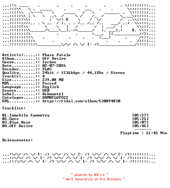 NFO for the release Phase_Fatale-Off_Desire-DKMNTLUFO22-24BIT-WEB-FLAC-2026-WAVED by WAVED