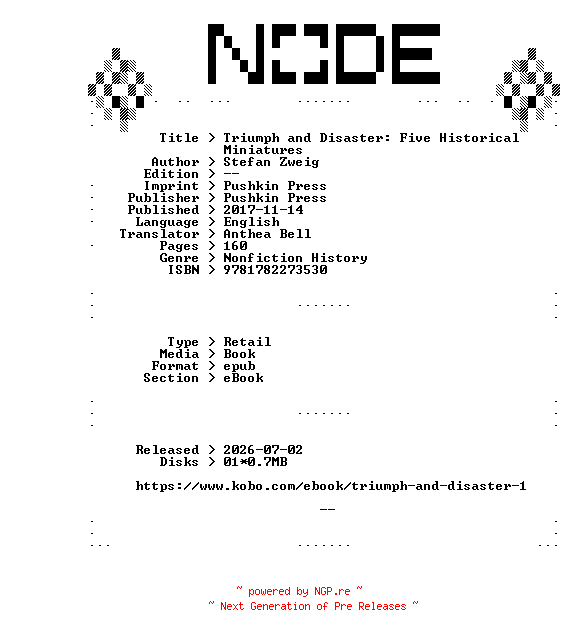NFO for the release Stefan.Zweig.Triumph.and.Disaster.Five.Historical.Miniatures.2017.RETAiL.EPUB.eBook-NODE by NODE