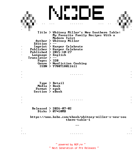 NFO for the release Whitney.Miller.Whitney.Millers.New.Southern.Table.My.Favorite.Family.Recipes.With.a.Modern.Twist.2015.RETAiL.EPUB.eBook-NODE by NODE