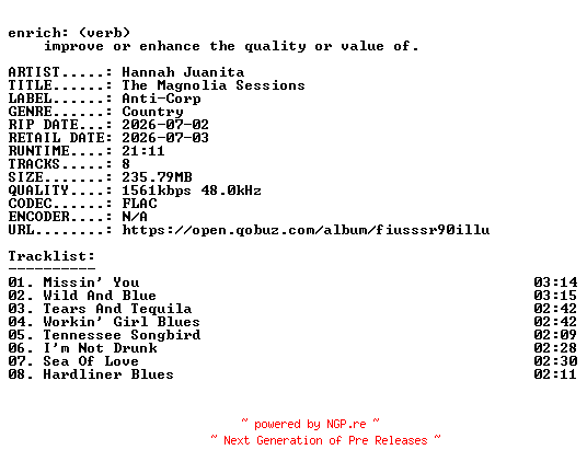 NFO for the release Hannah_Juanita-The_Magnolia_Sessions-24BIT-WEB-FLAC-2026-ENRiCH by ENRiCH