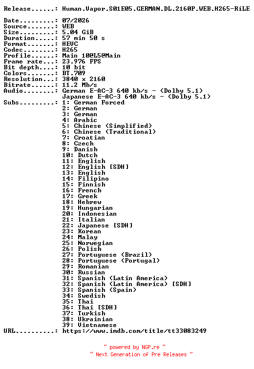 NFO for the release Human.Vapor.S01E05.GERMAN.DL.2160P.WEB.H265-RiLE by RiLE