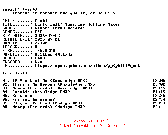 NFO for the release Michi-Dirty_Talk_Sunshine_Hotline_Mixes-16BIT-WEB-FLAC-2026-ENRiCH by ENRiCH