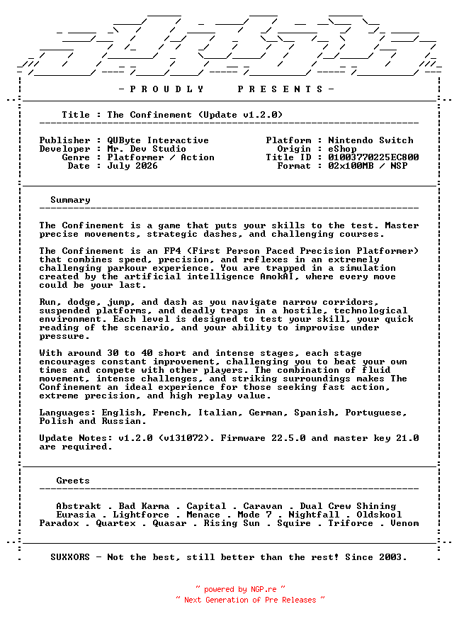 NFO for the release The_Confinement_Update_v1.2.0_NSW-SUXXORS by SUXXORS