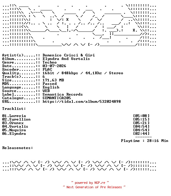 NFO for the release Domenico_Crisci_And_Giri-Elyndra_And_Vortalis-SEMANTICA205-16BIT-WEB-FLAC-2026-WAVED by WAVED