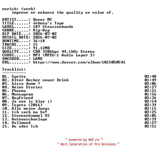 NFO for the release Bonez_MC-Johnnys_Tape-WEB-DE-2026-ENRiCH by ENRiCH