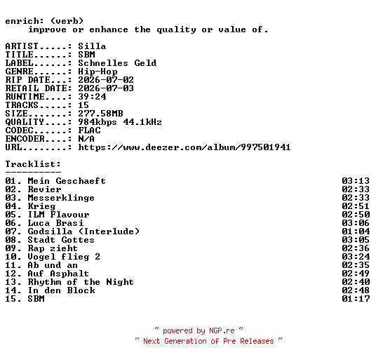 NFO for the release Silla-SBM-DE-16BIT-WEB-FLAC-2026-ENRiCH by ENRiCH