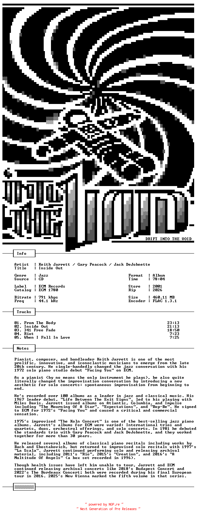 NFO for the release Keith_Jarrett-Gary_Peacock-Jack_DeJohnette-Inside_Out-CD-FLAC-2001-THEVOiD by THEVOiD