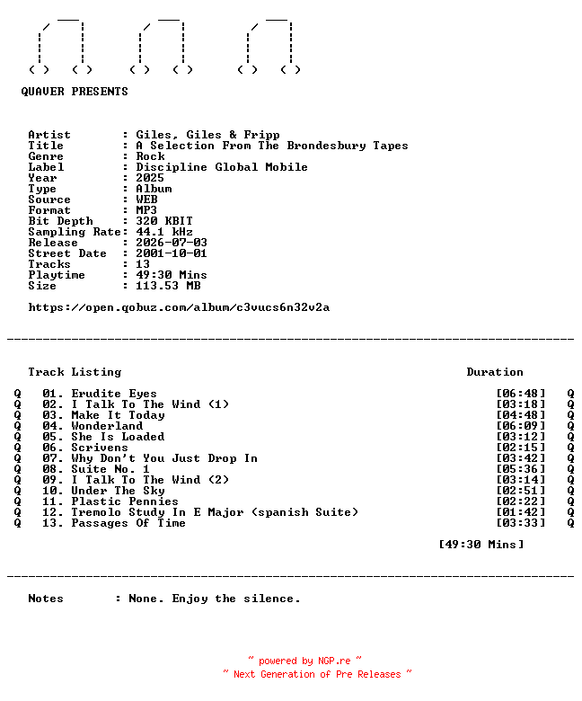 NFO for the release Giles_Giles_and_Fripp-A_Selection_From_The_Brondesbury_Tapes-REMASTERED-WEB-2025-QUAVER by QUAVER