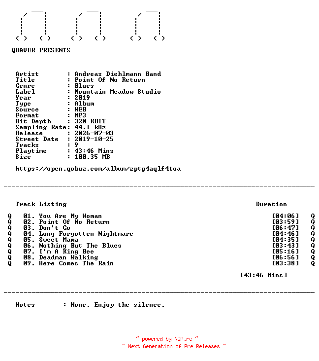 NFO for the release Andreas_Diehlmann_Band-Point_Of_No_Return-WEB-2019-QUAVER by QUAVER