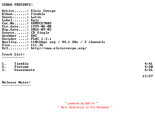 NFO for the release Elvis_Crespo-Tiemblo-(SAMPCS7803)-ES-PROMO-CDS-FLAC-1999-CEBAD by CEBAD