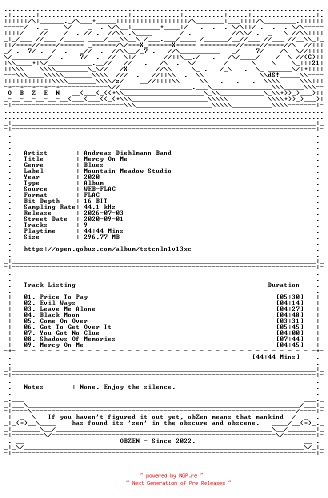 NFO for the release Andreas_Diehlmann_Band-Mercy_On_Me-16BIT-WEB-FLAC-2020-OBZEN by OBZEN