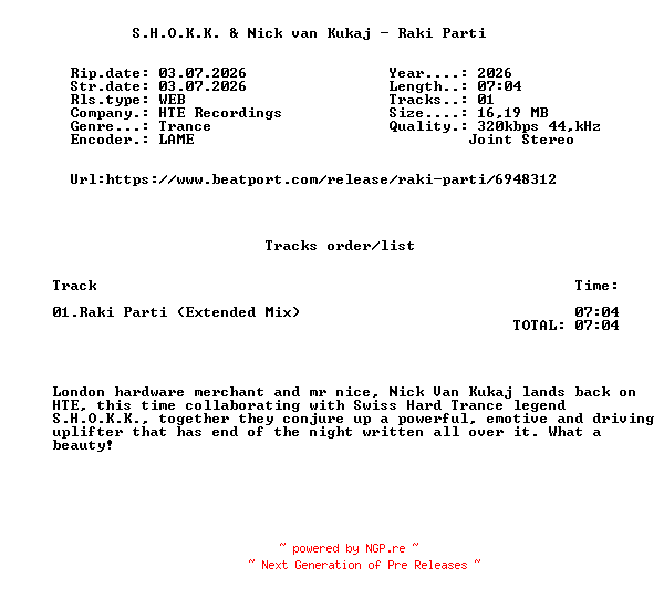 NFO for the release S.H.O.K.K._And_Nick_Van_Kukaj_-_Raki_Parti-(HTE367)-SINGLE-WEB-2026-FMC by FMC
