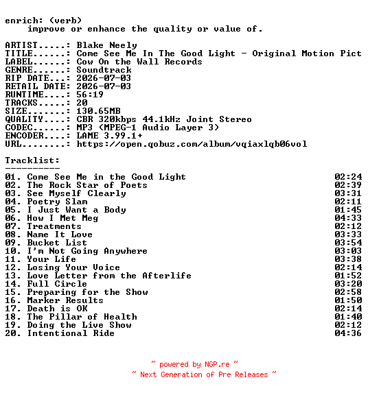 NFO for the release Blake_Neely-Come_See_Me_In_The_Good_Light__Original_Motion_Picture_Soundtrack-OST-WEB-2026-ENRiCH by ENRiCH