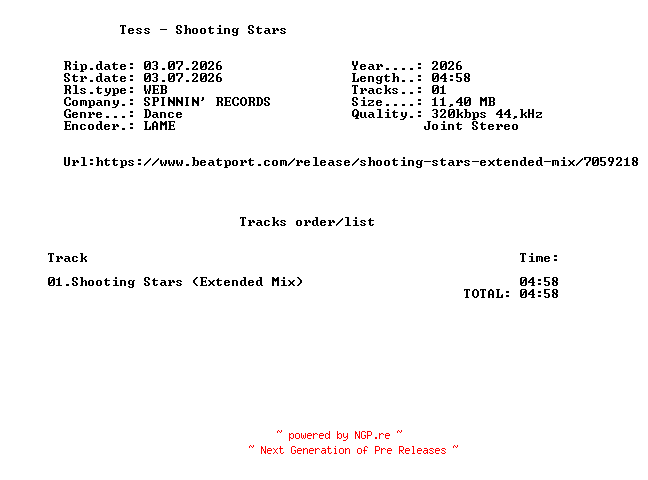 NFO for the release Tess_-_Shooting_Stars_(Extended_Mix)-SINGLE-WEB-2026-FMC by FMC