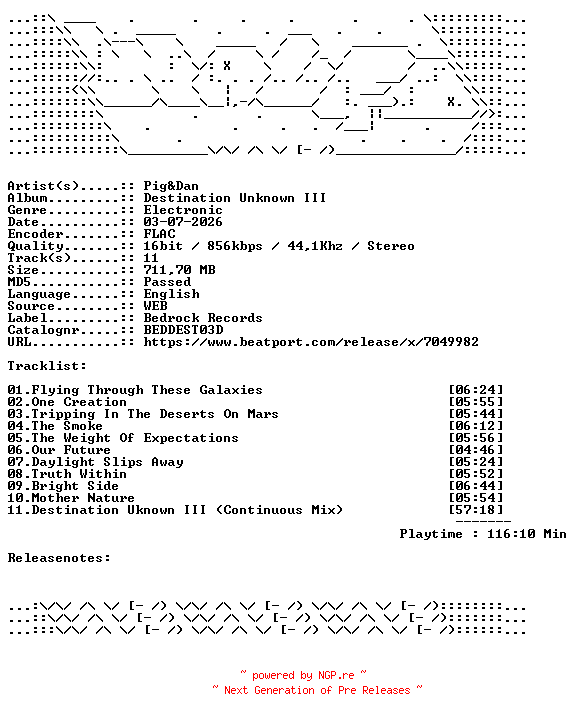 NFO for the release Pig_And_Dan-Destination_Unknown_III-BEDDEST03D-16BIT-WEB-FLAC-2026-WAVED by WAVED