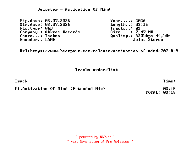 NFO for the release Jeipster_-_Activation_Of_Mind-(AREC135E)-SINGLE-WEB-2026-FMC by FMC