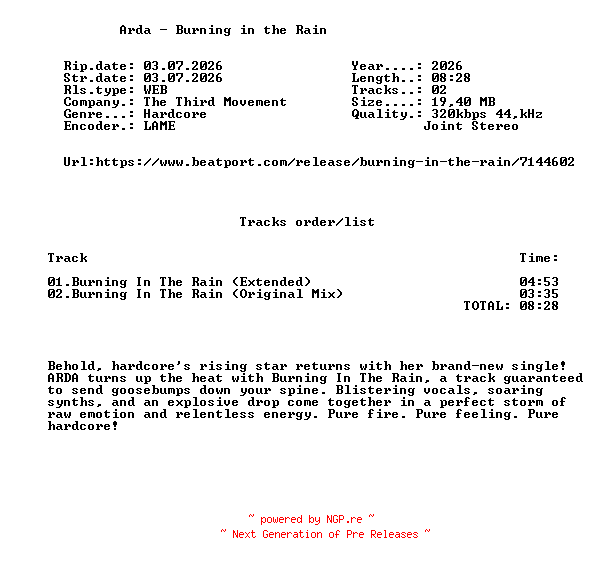 NFO for the release Arda_-_Burning_In_The_Rain-(T3RDM0479)-WEB-2026-FMC by FMC