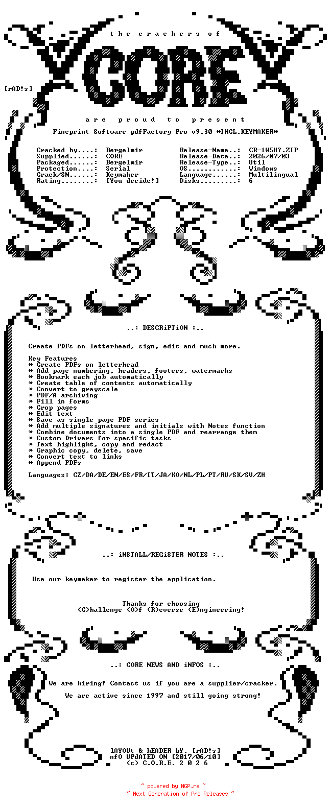 NFO for the release Fineprint.Software.pdfFactory.Pro.v9.30.Multilingual.Incl.Keymaker-CORE by CORE