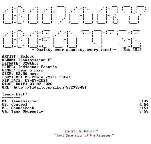 NFO for the release Bojcot-Transmission_EP-(INDICATOR015)-WEB-2026-BB by BB