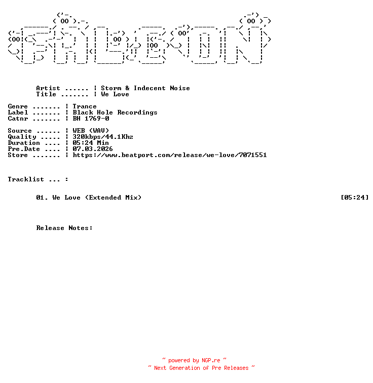 NFO for the release Storm_And_Indecent_Noise-We_Love-(BH_1769-0)-SINGLE-WEB-2026-FALCON by FALCON