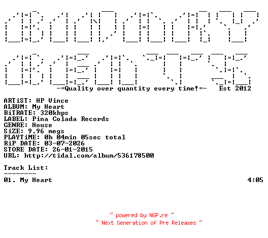 NFO for the release HP_Vince-My_Heart-(PCR511)-SINGLE-WEB-2015-BB by BB