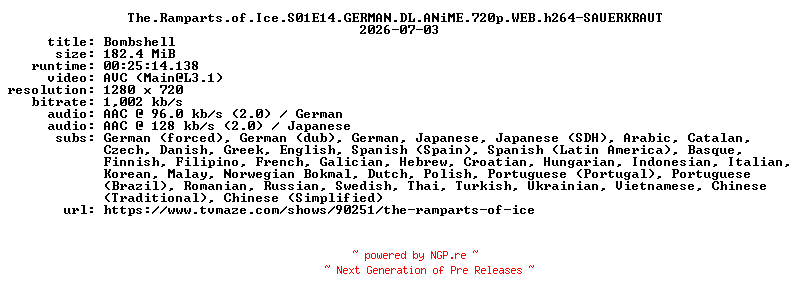 NFO for the release The.Ramparts.of.Ice.S01E14.GERMAN.DL.ANiME.720p.WEB.h264-SAUERKRAUT by SAUERKRAUT