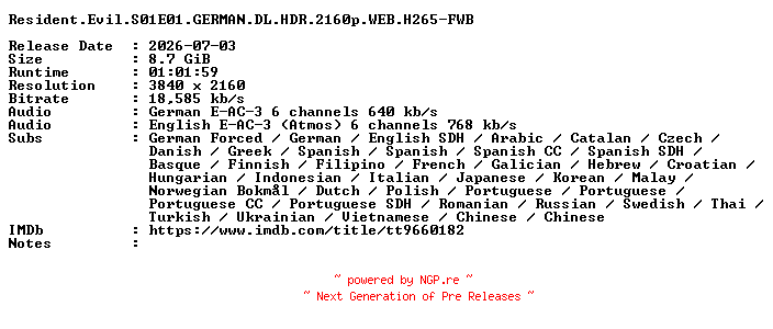 NFO for the release Resident.Evil.S01E01.GERMAN.DL.HDR.2160p.WEB.H265-FWB by FWB