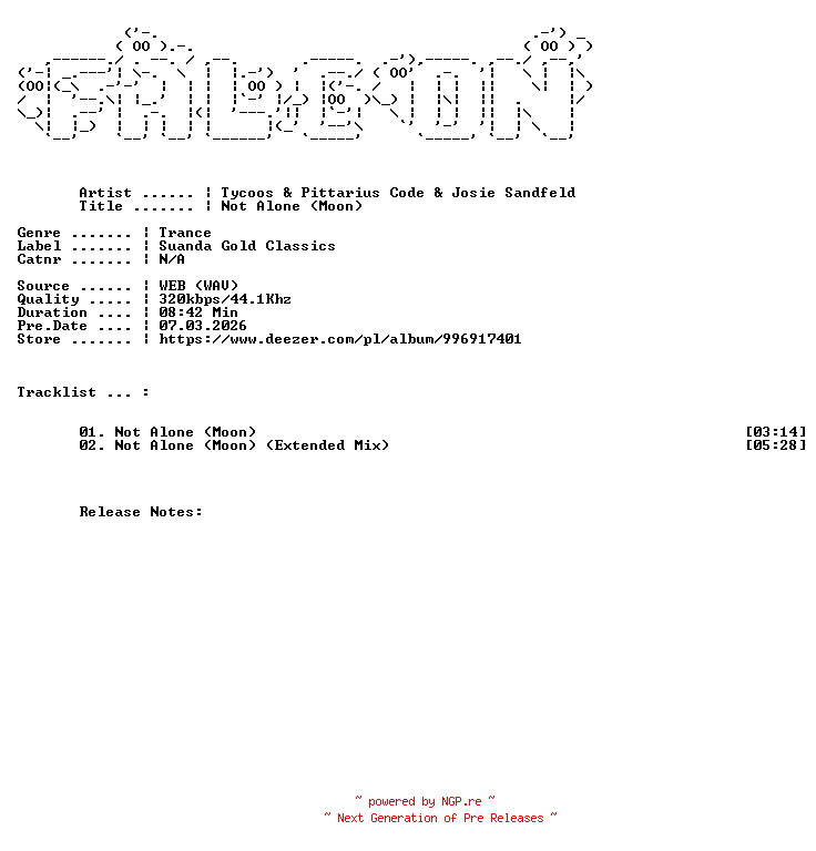 NFO for the release Tycoos_And_PITTARIUS_CODE_And_Josie_Sandfeld-Not_Alone_Moon-WEB-2026-FALCON by FALCON