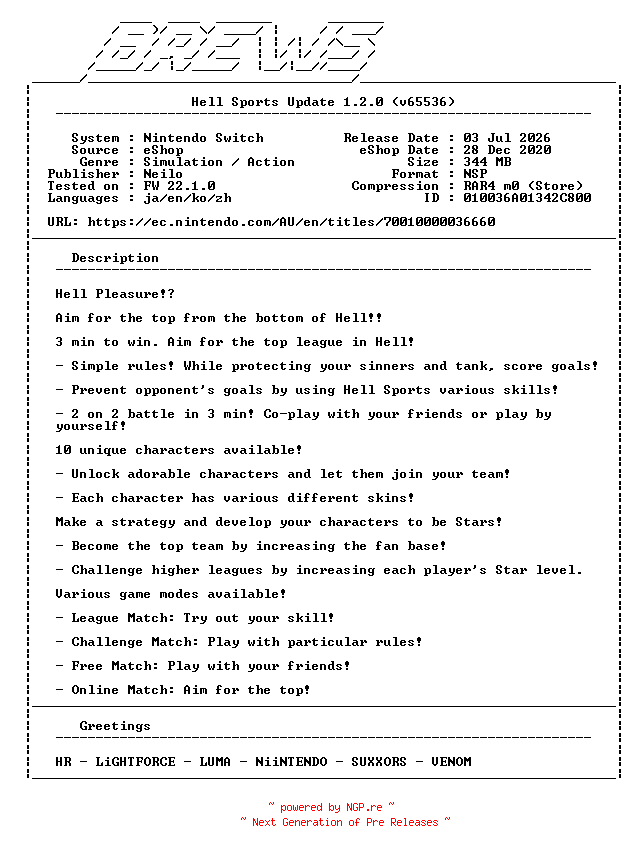 NFO for the release Hell_Sports_Update_v1.2.0_NSW-BREWS by BREWS