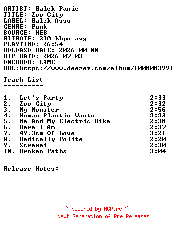 NFO for the release Balek_Panic-Zoo_City-WEB-2026-SDR by SDR