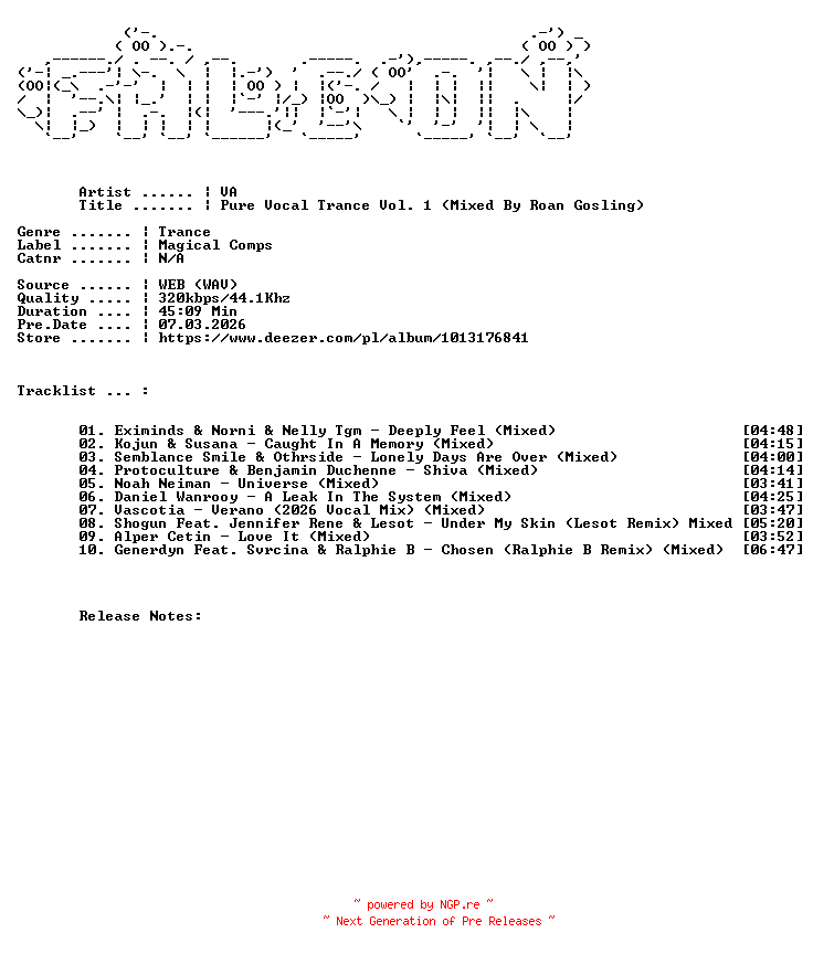 NFO for the release VA-Pure_Vocal_Trance_Vol._1_Mixed_By_Roan_Gosling-WEB-2026-FALCON by FALCON
