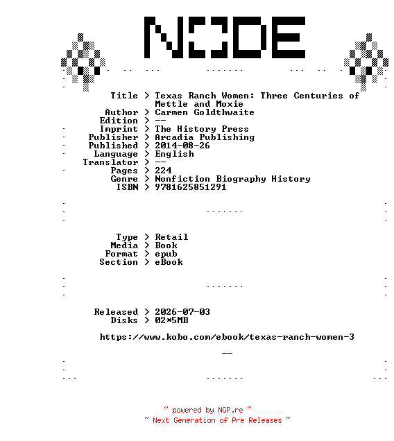 NFO for the release Carmen.Goldthwaite.Texas.Ranch.Women.Three.Centuries.of.Mettle.and.Moxie.2014.RETAiL.EPUB.eBook-NODE by NODE