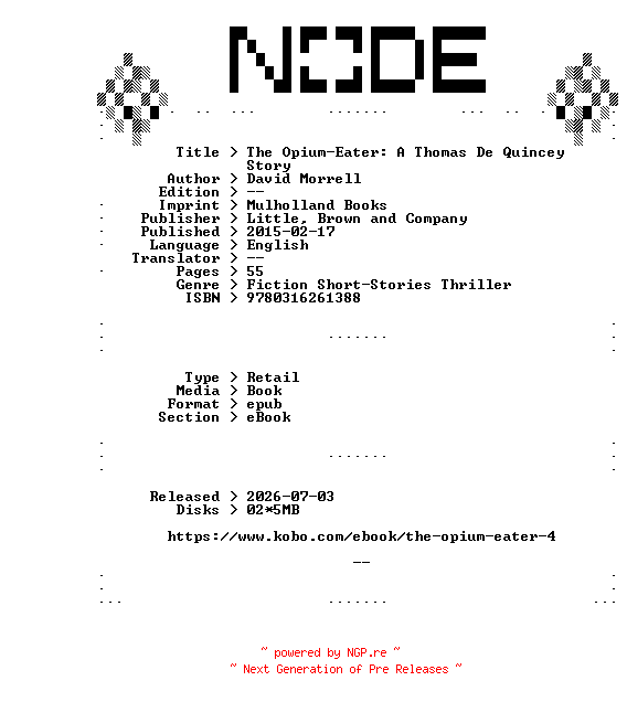NFO for the release David.Morrell.The.Opium-Eater.A.Thomas.De.Quincey.Story.2015.RETAiL.EPUB.eBook-NODE by NODE