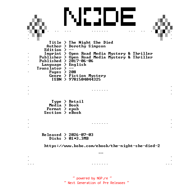 NFO for the release Dorothy.Simpson.The.Night.She.Died.2017.RETAiL.EPUB.eBook-NODE by NODE