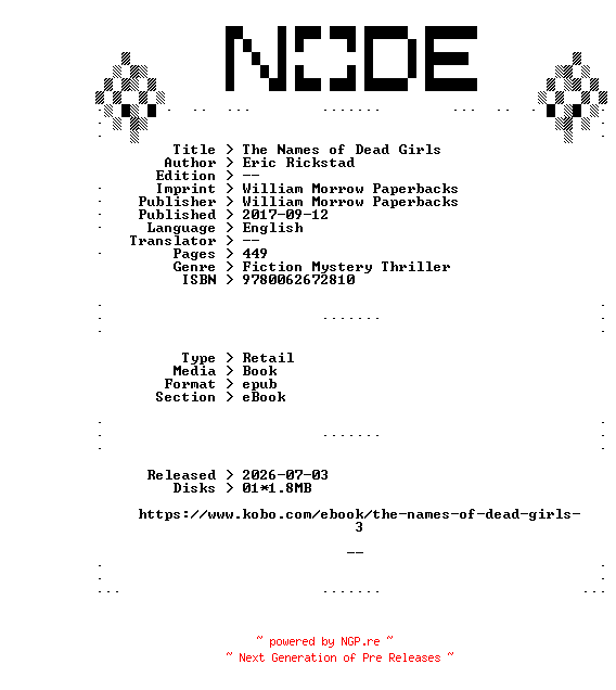 NFO for the release Eric.Rickstad.The.Names.of.Dead.Girls.2017.RETAiL.EPUB.eBook-NODE by NODE