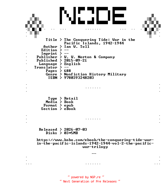 NFO for the release Ian.W.Toll.The.Conquering.Tide.War.in.the.Pacific.Islands.1942-1944.2015.RETAiL.EPUB.eBook-NODE by NODE