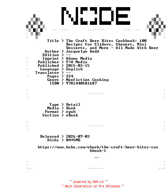 NFO for the release Jacquelyn.Dodd.The.Craft.Beer.Bites.Cookbook.100.Recipes.for.Sliders.Skewers.Mini.Desserts.and.More.-.All.Made.With.Beer.2015.RETAiL.EPUB.eBook-NODE by NODE