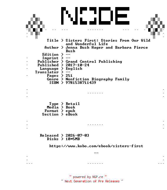 NFO for the release Jenna.Bush.Hager.and.Barbara.Pierce.Bush.Sisters.First.Stories.From.Our.Wild.and.Wonderful.Life.2017.RETAiL.EPUB.eBook-NODE by NODE