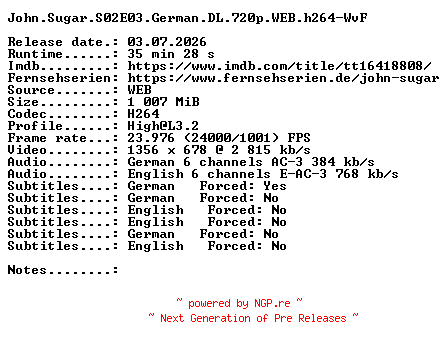 NFO for the release John.Sugar.S02E03.German.DL.720p.WEB.h264-WvF by WvF