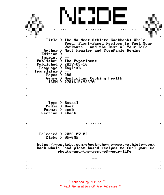 NFO for the release Matt.Frazier.and.Stepfanie.Romine.The.No.Meat.Athlete.Cookbook.Whole.Food.Plant-Based.Recipes.to.Fuel.Your.Workouts.-.and.the.Rest.of.Your.Life.2017.RETAiL.EPUB.eBook-NODE by NODE