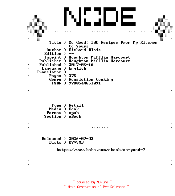 NFO for the release Richard.Blais.So.Good.100.Recipes.From.My.Kitchen.to.Yours.2017.RETAiL.EPUB.eBook-NODE by NODE