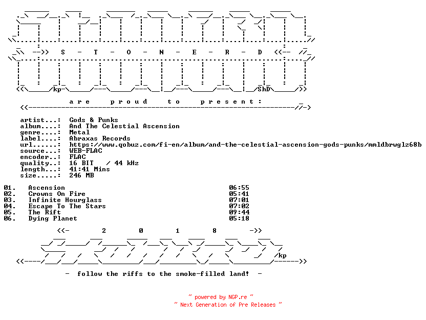 NFO for the release Gods_and_Punks-And_The_Celestial_Ascension-16BIT-WEB-FLAC-2019-STONERD by STONERD